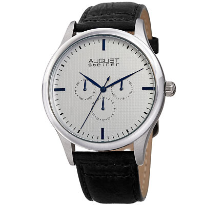 Men's August Steiner AS8243SSBK Multifunction Silver Tone Black Leather Watch