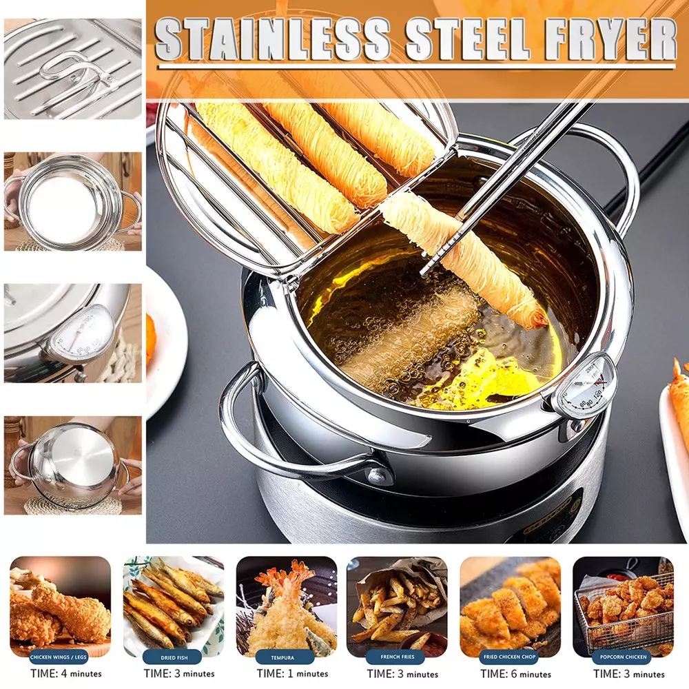 Stainless Steel Kitchen Fryer Pot Pan Tempura Fry Foods W