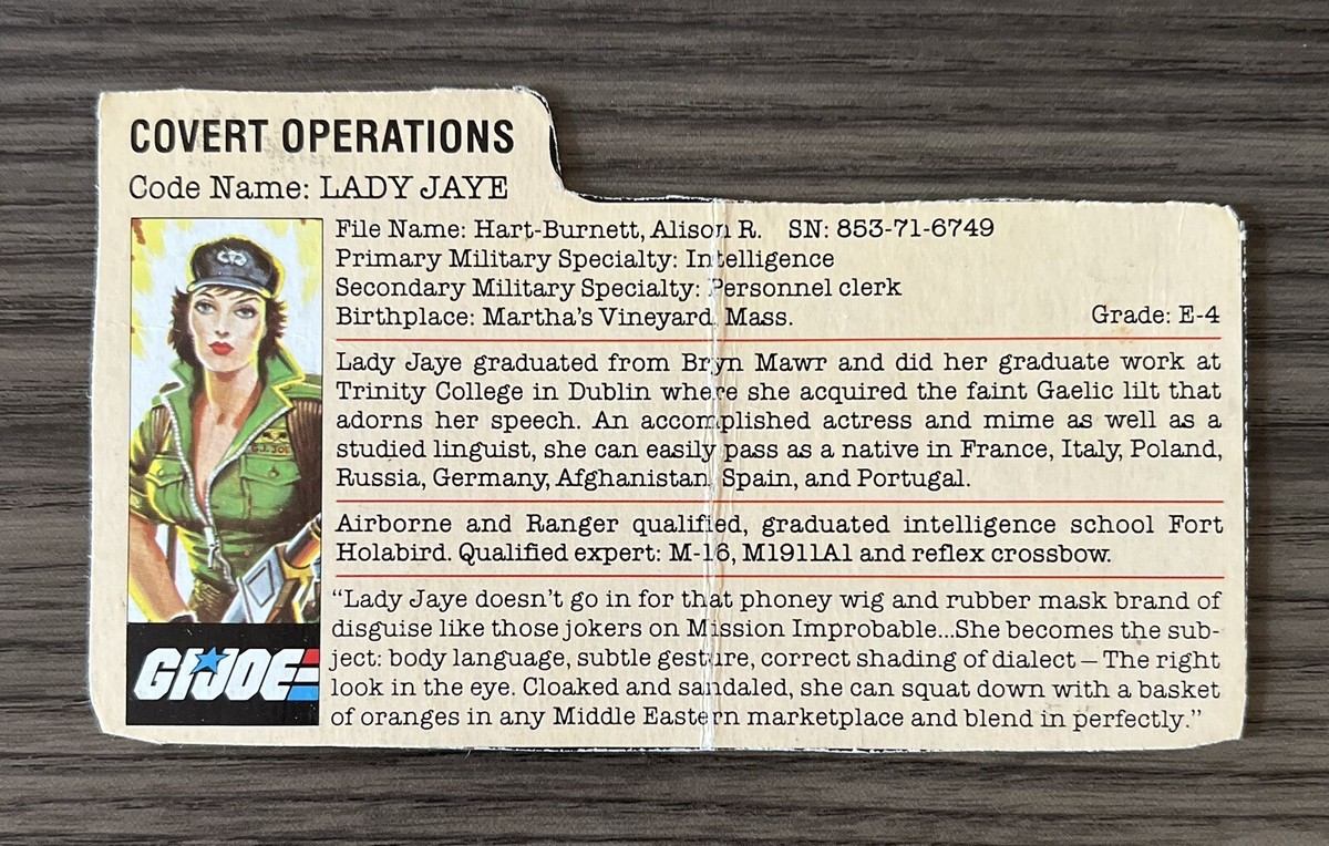 ジジページ 1985 GI Joe LADY JAYE (v1) Peach Bio File Card Vintage Original | eBay