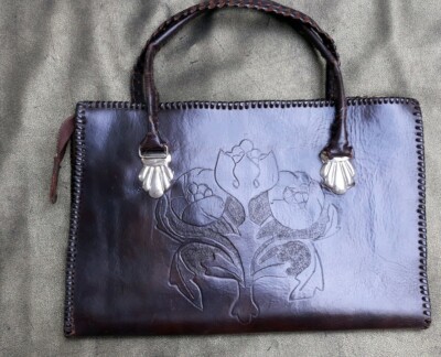 Antique Hand Made Tooled Leather Arts Crafts Handbag UK