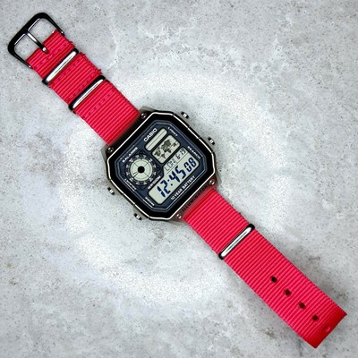 Casio World Time Illuminator Silver Watch with Pink Nato Band, AE-1200WHD-1AVEF | eBay