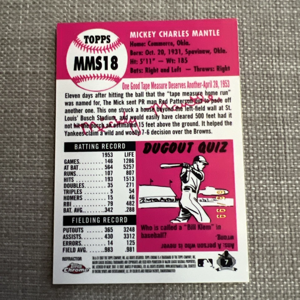 MICKEY MANTLE 2007 Topps Chrome RED Refractor 66/99 Yankees RARE MMS18 - Image 2 of 3