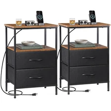 Nightstands Set of 2 End Bedside Tables with Charging Station & 2 Fabric Drawers