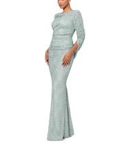 Betsy  Adam MOB Dress 16 Sage Green Lace Evening Gown Made USA Cowl Ruched Glit