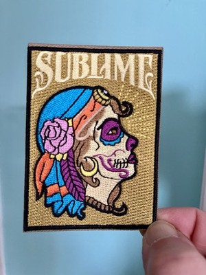 Sublime Iron On Patch Woman Head Dress Gold Blue Pink Purple Black Embroidered