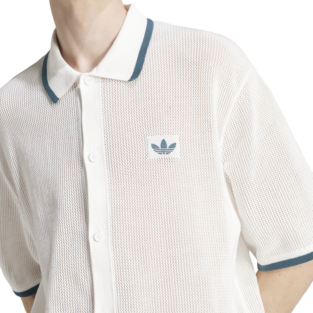adidas Knitted Collared Short Sleeve Button Up Shirt Mens White Casual Tops KC35 thumbnail 4