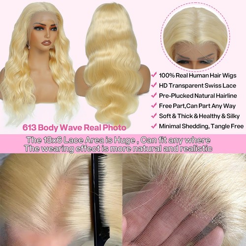 613 13x6 Lace Front Perücke Echthaar 200 Dichte HD Körperwelle Blond Lace Front... - Bild 3 von 6