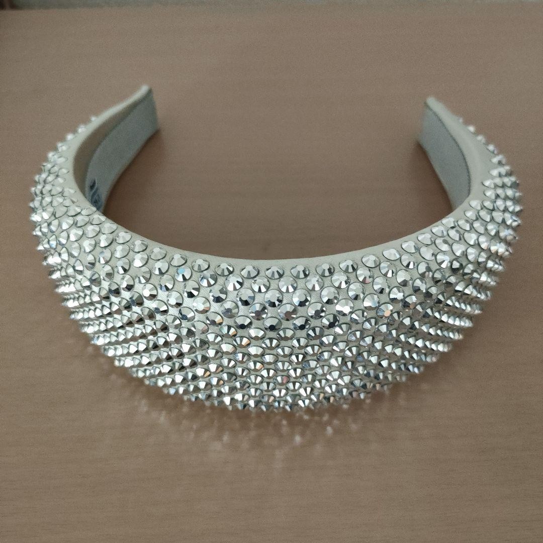 Prada Triangle Logo Crystal Rhinestone Satin Silver Wide Headband
