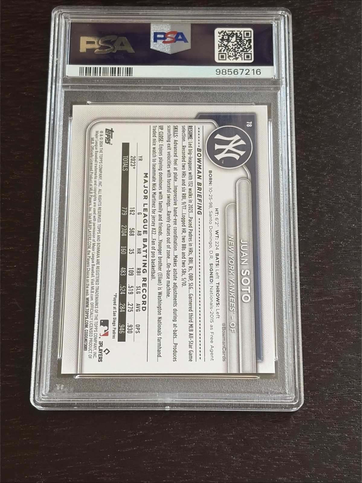 2024 Bowman #78 Juan Soto PSA 10 Yankees Mets Bat Flip view 2