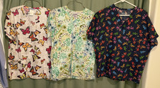 Three Womens Sz Sm. Scrub Top Cotton blend Butterfly, Flowers, Cartoon See Pics