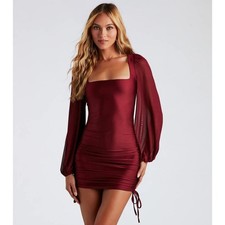 Windsor Burgundy Square Neck Long Sleeve Ruched Drawstring Bodycon Mini Dress M