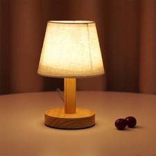 Small Bedside Table Lamp, Wooden Bedroom Lamp with Linen Shade, Mini Desk Nig...