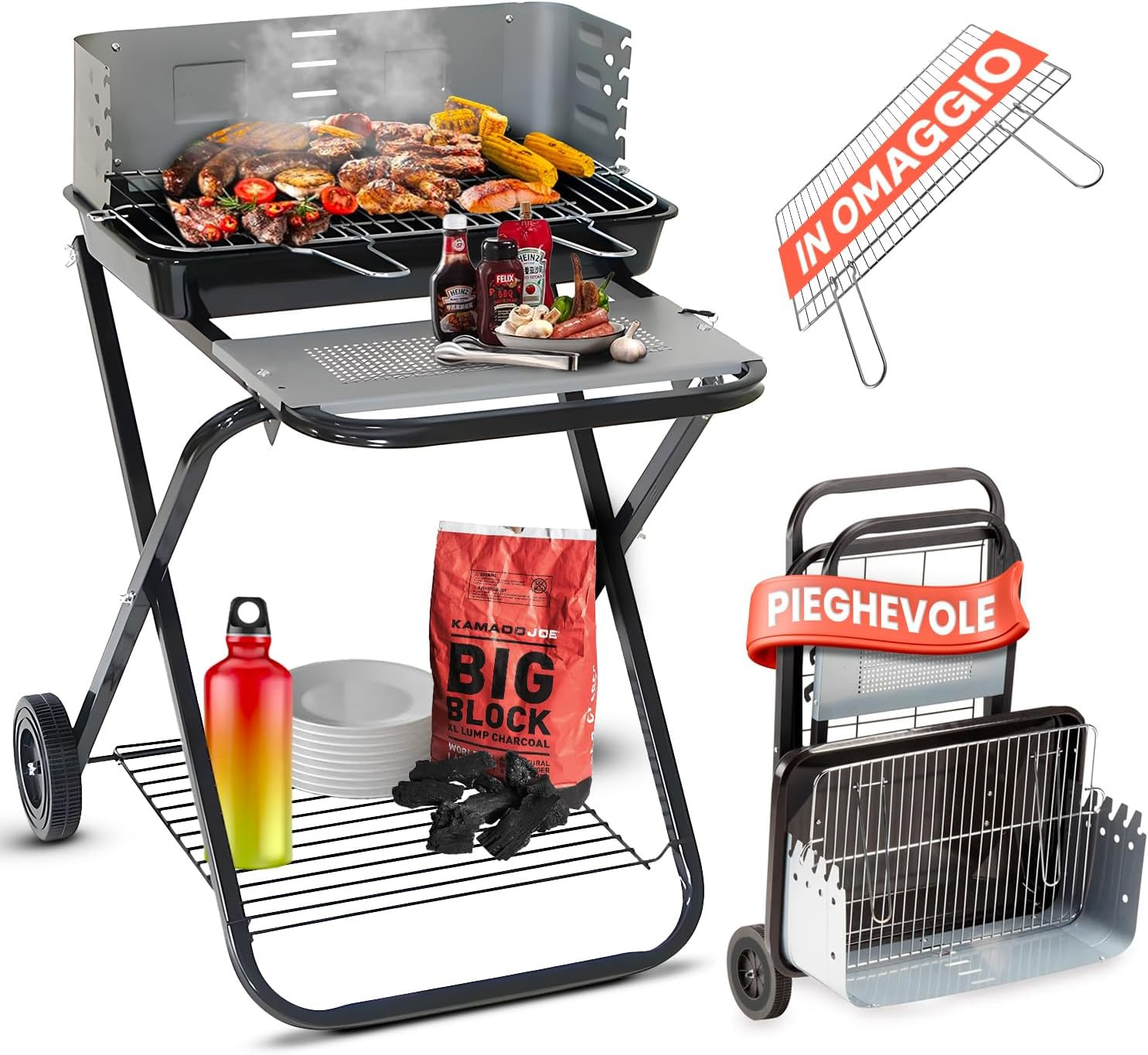 Barbecue a Carbonella Portatile Pieghevole in Acciaio - Barbecue Con Griglia 54X