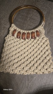 Macrame Purse Shopping reuse bag Woven Jute with wood beads boho retro vibe