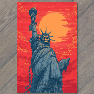 ART CARD Statue Liberty Skull Chains Giant Sun Red Orange Sky Gothic Weird