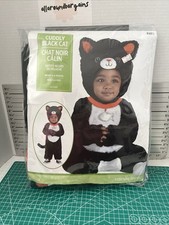 Cuddly Black Cat Costume Infant Halloween Jumpsuit Hood Detachable Tail 0-6 Mo