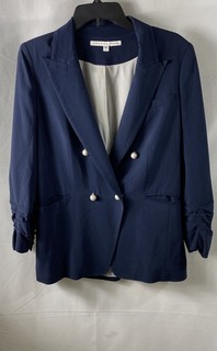 Veronica Beard Women's Navy Ruched Sleeve Pearl Button Double Breasted Blazer 8