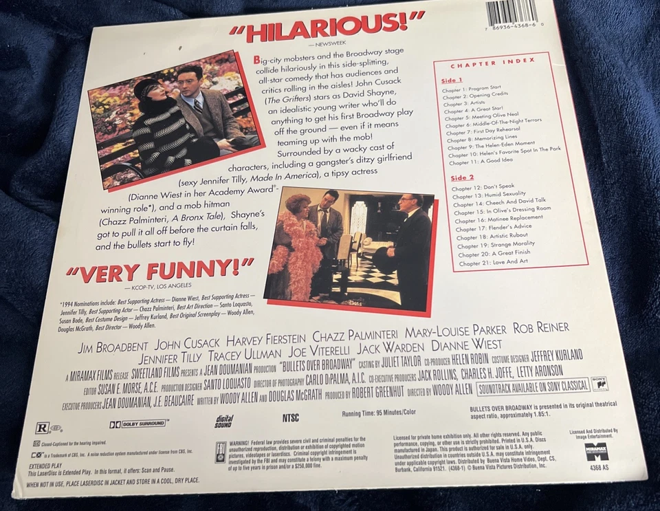 Bullets Over Broadway (1994) Widescreen Laserdisc LD John Cusack Dianne Wiest  - Imagem 2 de 2