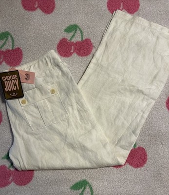 NWT Vintage Y2K Juicy Couture White Linen Pants Wide Leg Baggy Beach Glam L