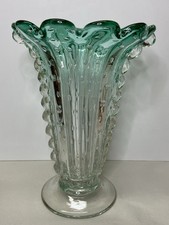 Murano Green Rim, Controlled Bubble Venetian glass vase Made in Italy 11" tall