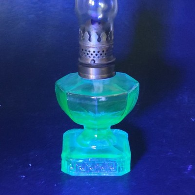 Teal Blue Uranium Glass Greek Key Miniature Oil Lamp Antique Night Light UV Glow