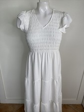 By the River Womens Size S White Tiered Maxi Dress Ruffle Cap Sleeves Lined