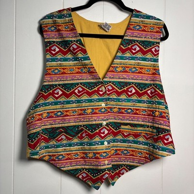 Y2K Vtg Plus 1X Beaded Southwestern Folk Geometric Desert Cotton Vest Yellow