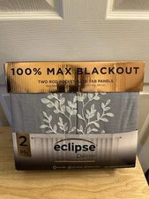 Eclipse Fern Embroidery Blue Gray/White 100% Max Blackout Window Panel Pair