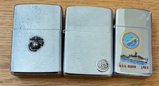 LOT OF 3 VINTAGE ZIPPO ADVERTISING LIGHTERS USED US STEEL MARINES USS OGDEN LT1