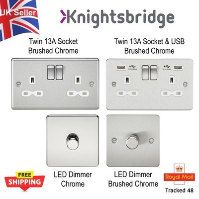 Doppel 13A Steckdosen Dimmer gebürstet & poliert Chrom Knightsbridge USB LED 240V