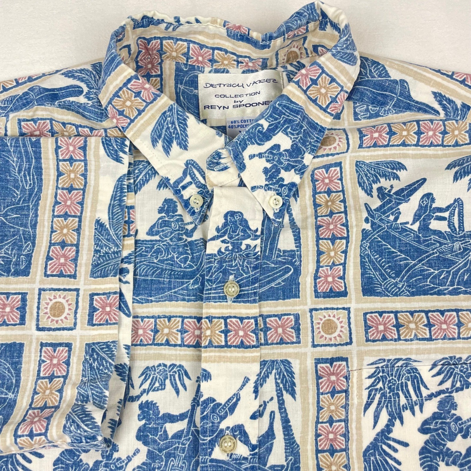 Reyn Spooner Dietrich Varez Mens XL Blue Hawaiian Shirt Block Print Button Down