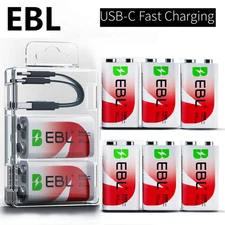EBL 9V 9 Volt Li-ion USB-C Rechargeable Batteries 5400mWh Lithium Battery  Lot