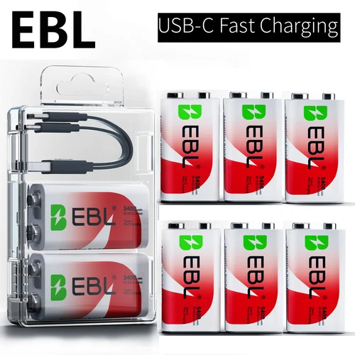 EBL 9V 9 Volt Li-ion USB-C Rechargeable Batteries 5400mWh Lithium Battery  Lot
