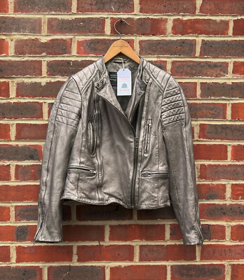 All Saints Ladies METALLIC HARDY Leather Biker Jacket UK10 US6 EU38 Bomber