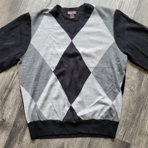 New w/o Tags Michael Kors 100% Merino Wool Argyle Pattern Gray Sweater Size Lg - Picture 2 of 7