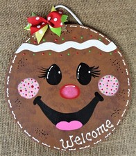 GINGERBREAD Face CIRCLE SIGN Wall Art Door Hanger Plaque Christmas Holiday Decor