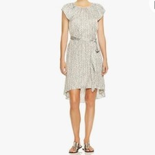 Halston Heritage Flutter Cap Sleeve Dress with Tie Belt Sash Grey Print Petal XS