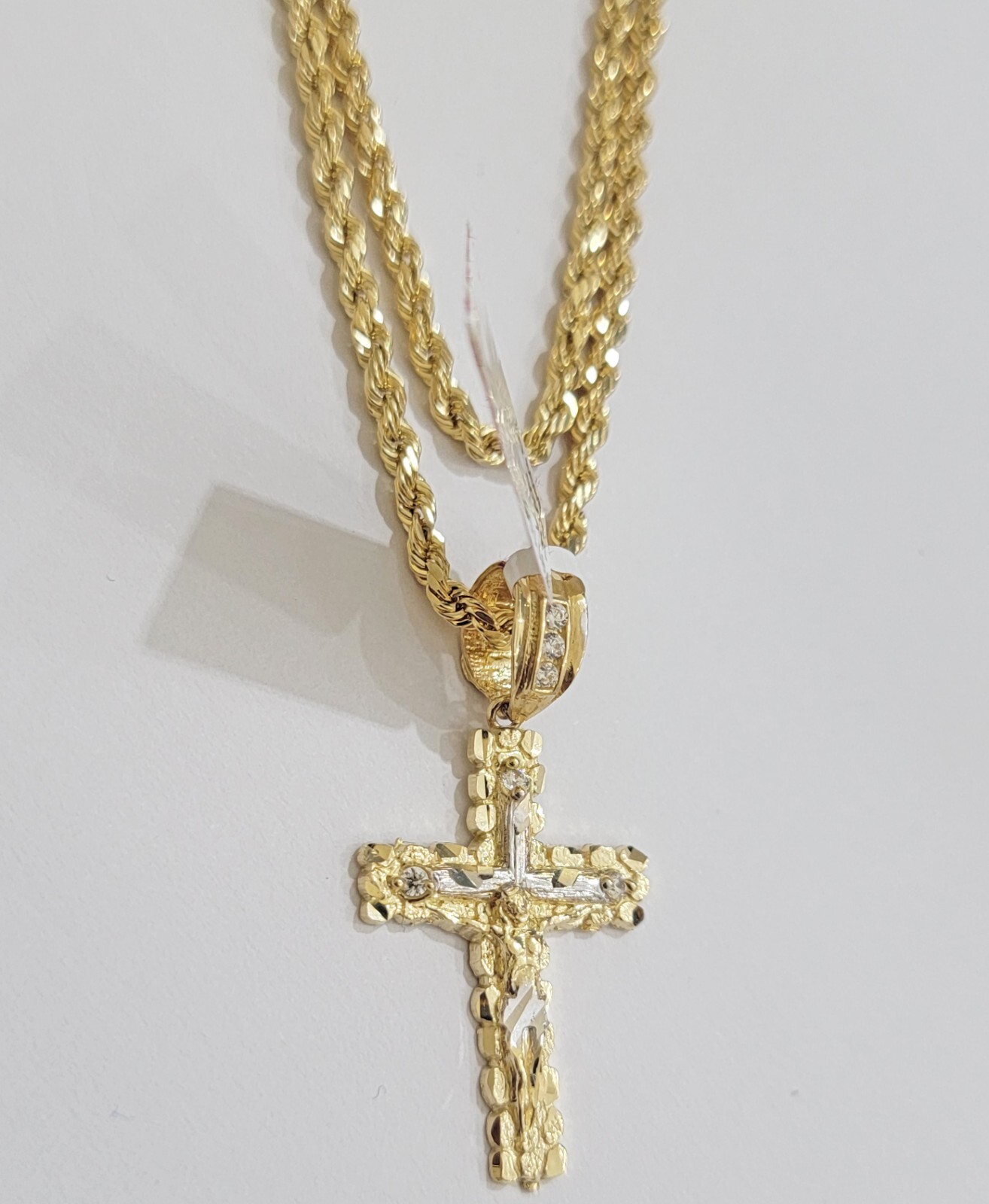 14k Gold Rope Chain Necklace Cross Charm Pendant Set 1628" inch 3mm