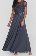 XSCAPE Women's Gray Beaded Chiffon Sheer A-Line Gown Dress Petite Size 10P