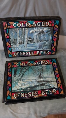 Vintage Lot of 2 Genesee Beer Lighted Sign Insert Panels Only 3D outdoor scenes