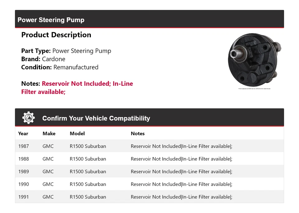 For 1987-1991 GMC R1500 Suburban Power Steering Pump Cardone 1988 1989 1990 - Image 2 of 4