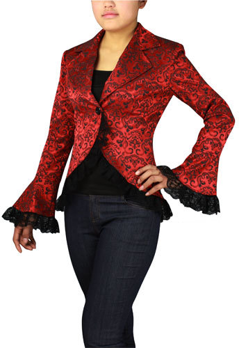 RED GOTHIC LACE TRIM CORSET JACQUARD JACKET WAVY VICTORIAN STEAMPUNK VINTAGE - Picture 1 of 4