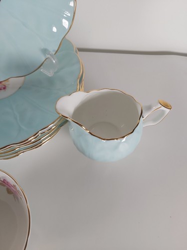 Aynsley Aqua Blue Floral Gilded Dessert Set For Six - Picture 5 of 24