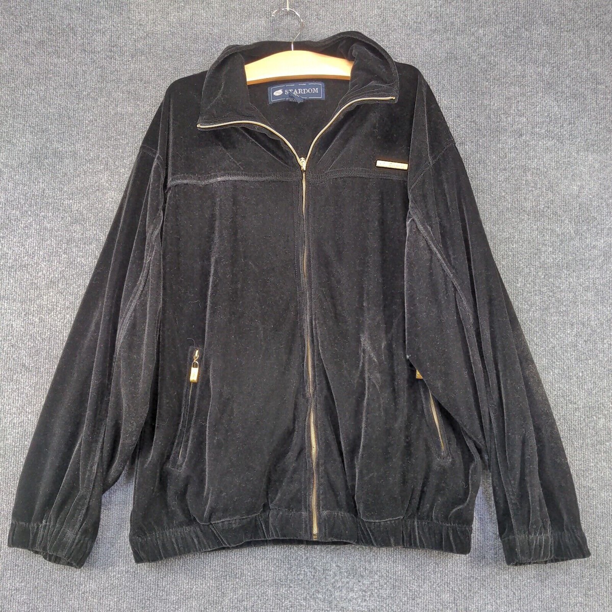Stardom Mens Velour Jacket Black Large Zip Front Long Sleeve