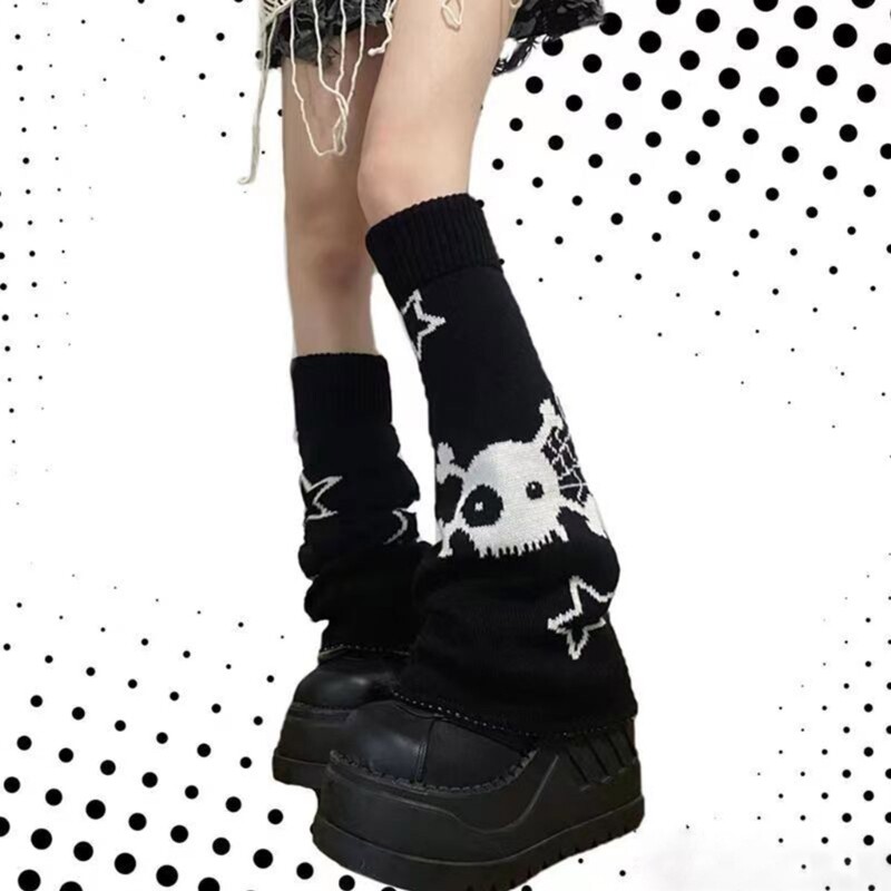 Women Knit Leg Warmers Gothic Star Skull Double Sided Knee High Socks