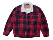 Levis Jeans Mens Relaxed Fit Black Red Buffalo Plaid Check Sherpa Trucker Jacket