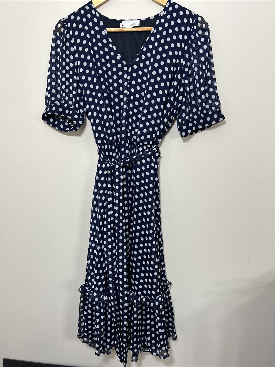 Calvin Klein Women's Belted Polka Dot Peasant Dress Blue Size 6