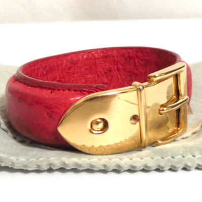 Auth GUCCI Goldtone Belt Motif Red Leather Bangle Bracelet Vintage 