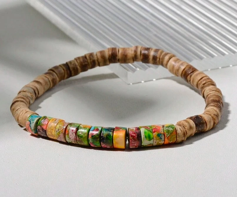 Pulsera vintage hecha a mano de 6 mm con cuentas de madera de jaspe sedimento marino regalo de curación para mujeres Foto 2 de 4