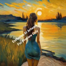 Digital Image Drawing Picture AI Art Girl Sunset Lake Vincent Van Gogh Style
